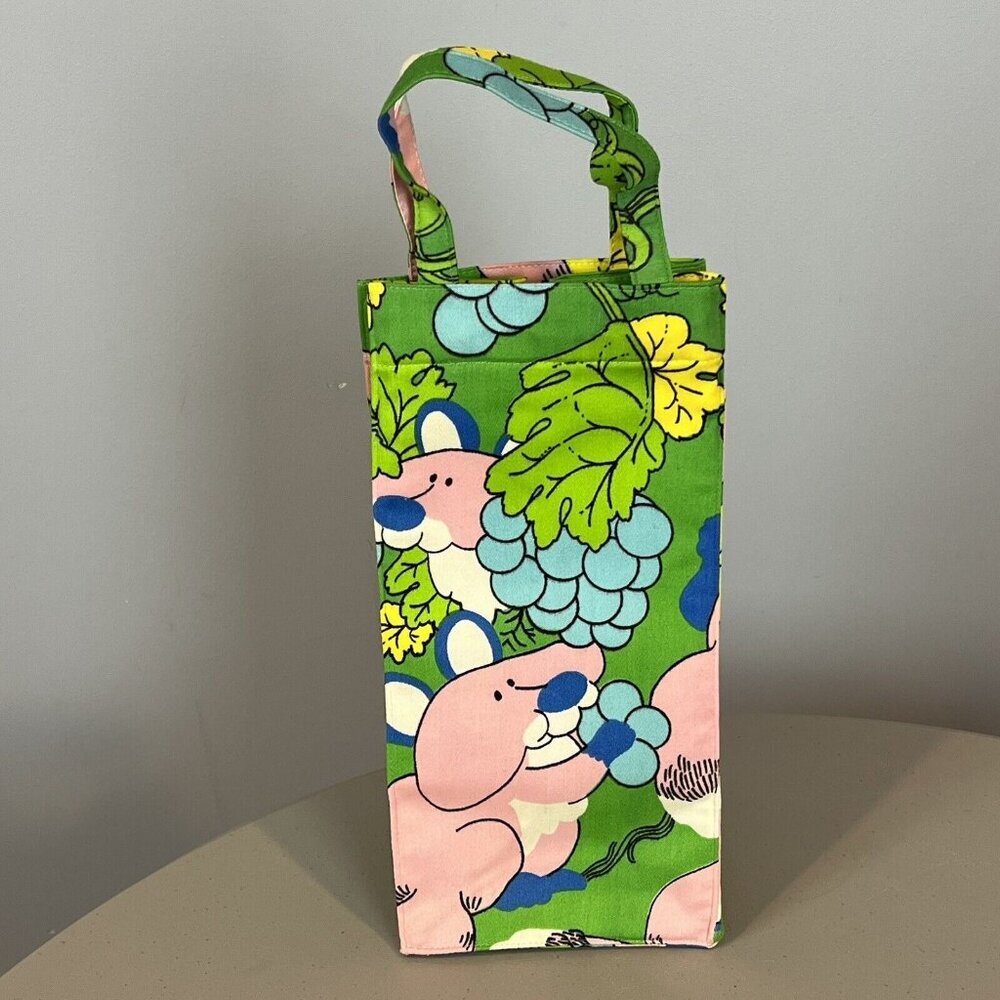 Vintage Margaret Smith Fabric Wine Bag Green Pink Fox Gardiner Maine